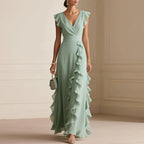 Ruffle-trim maxi dress, sage green V-neck wrap, flutter cap sleeves, layered ruffles