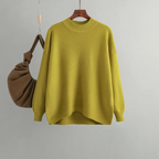 Yellow knit women's sweater with crew neck and ribbed cuffs, loose fit