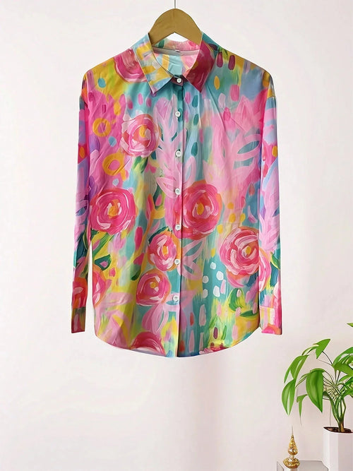 Women’s floral button-up shirt, loose fit, long sleeves, multicolor print