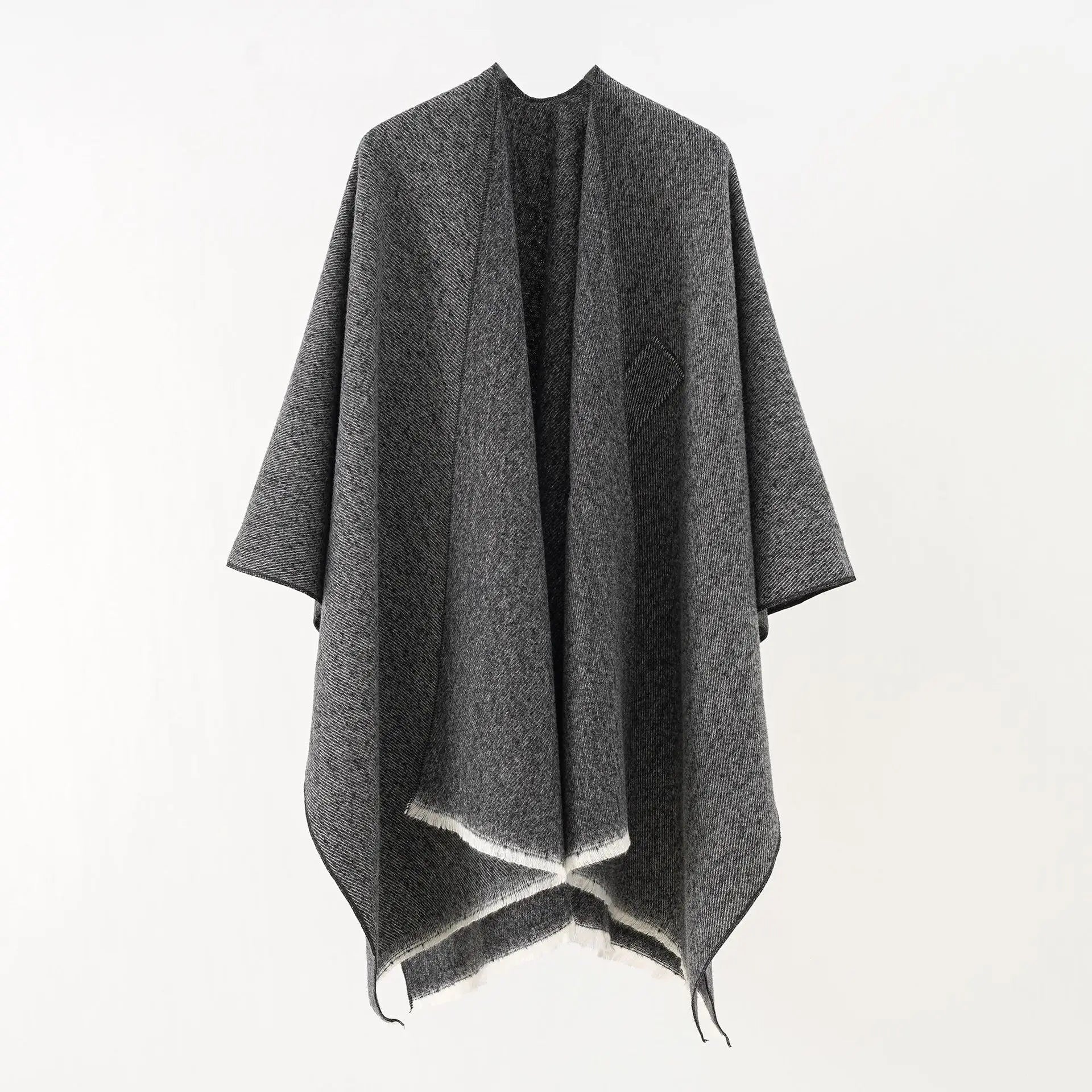 Charcoal cashmere poncho with V-neck, draped sleeves and fringe hem