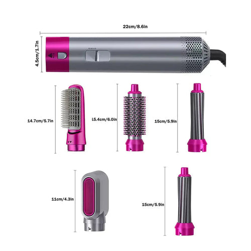 Hot air hair dryer brush with purple base and vented barrel, shown with four detachable heads