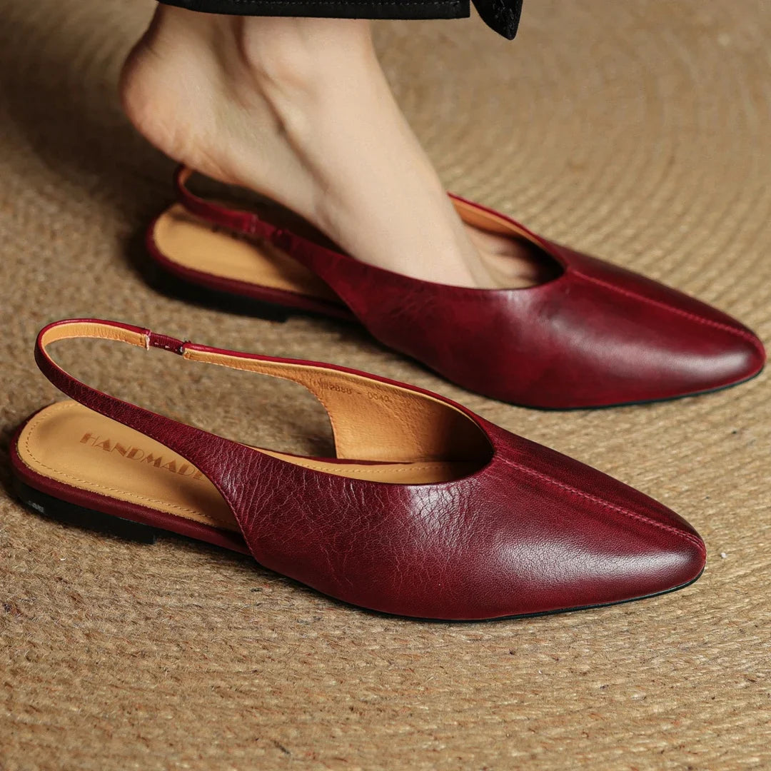 Wine red leather slingback flats, pointed toe, tan lining, cushioned insole