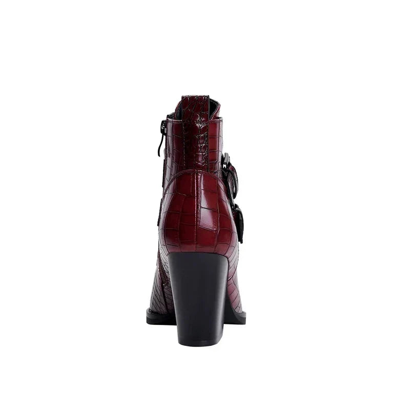 Women’s pointed-toe ankle boots in dark red with side buckle straps