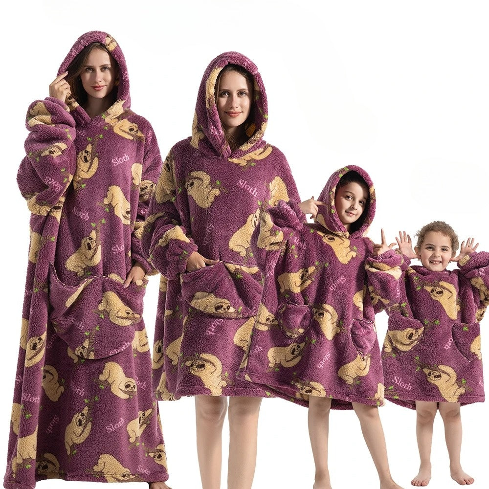 Purple hoodie blanket with sloth character print and front pocket hood