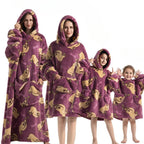 Purple hoodie blanket with sloth character print and front pocket hood