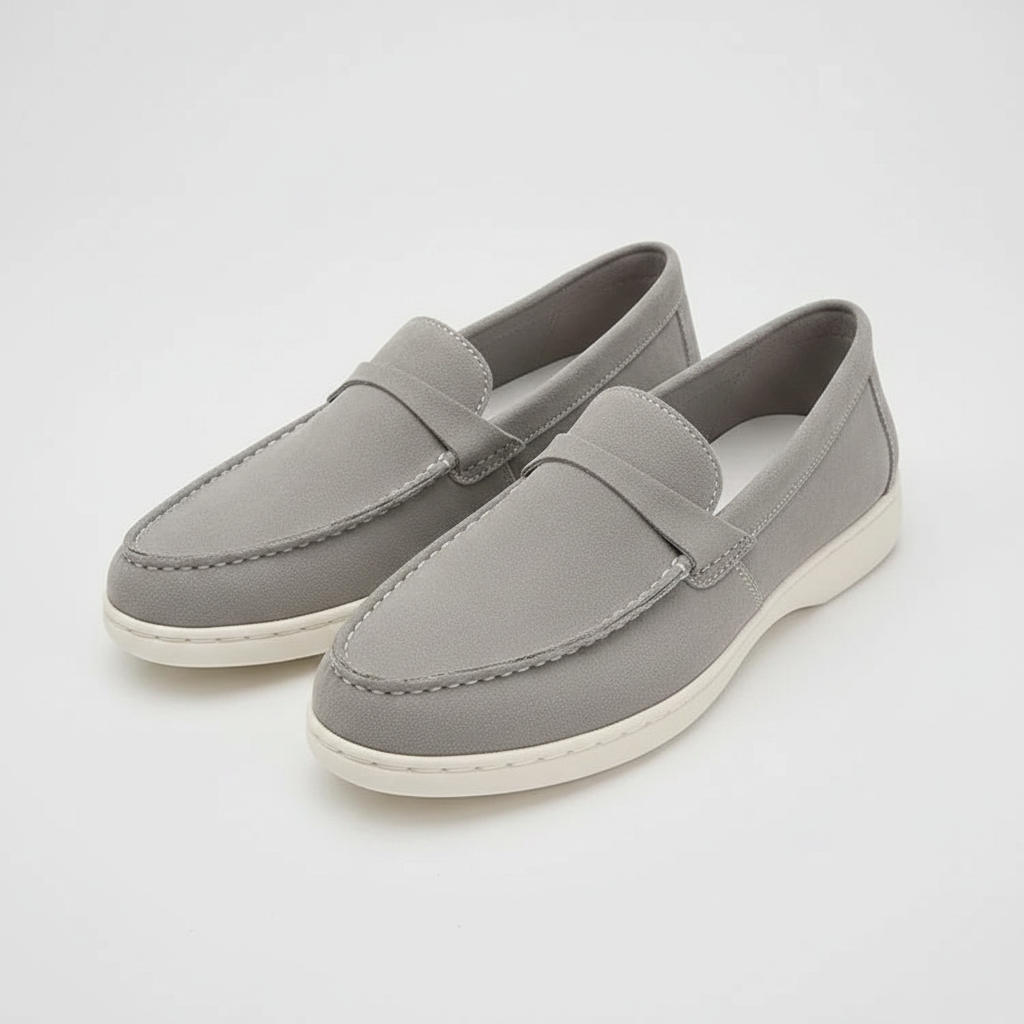 Grey suede slip-on loafers with penny-strap detail and white rubber sole