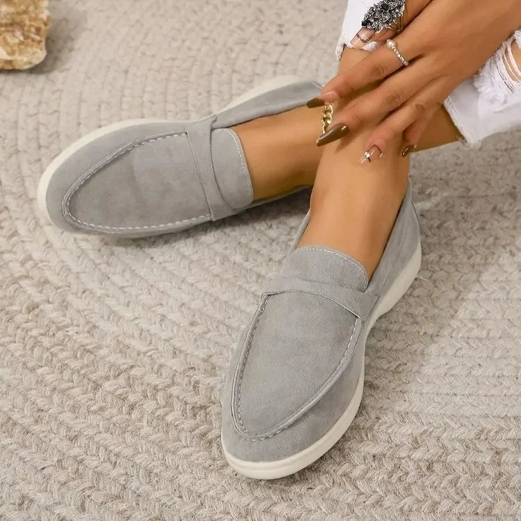Women's suede loafers, grey slip-on with cushioned insole and moc toe