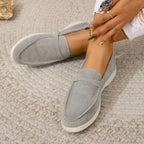 Women's suede loafers, grey slip-on with cushioned insole and moc toe
