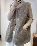 Wool gilet with button-front and sherpa fleece texture, light gray