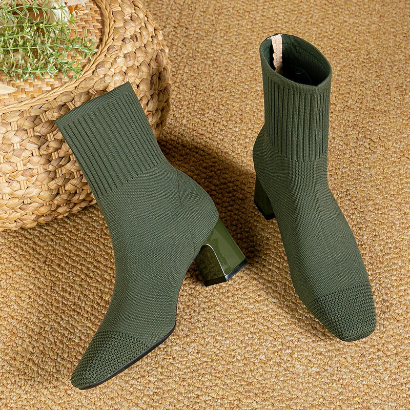 Green knit ankle boots with stretch sock fit and block heel, pointed toe