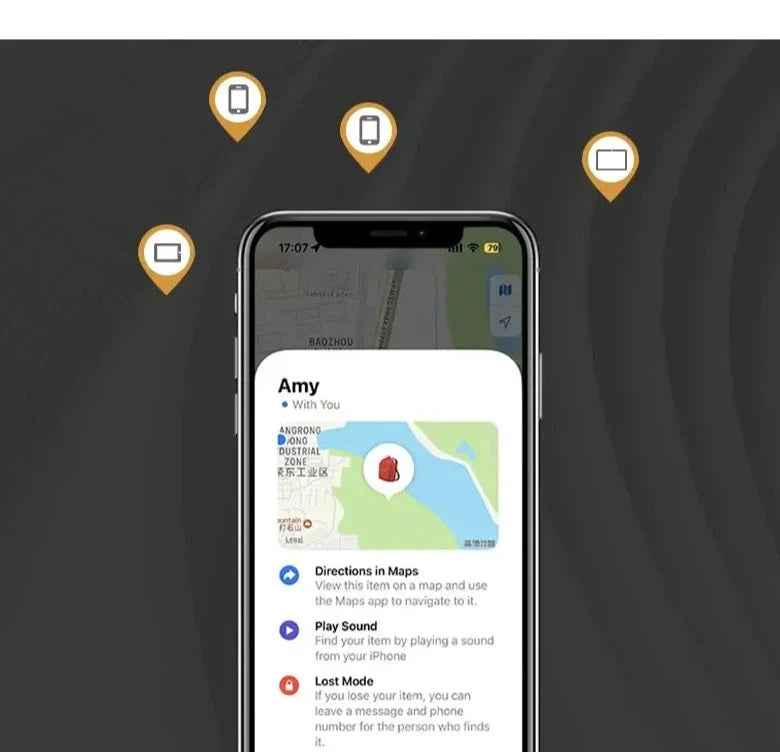 Smartphone GPS tracker screen with directions, play sound, and lost mode