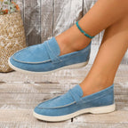 Women's suede loafers, blue slip-on shoes with cushioned insole