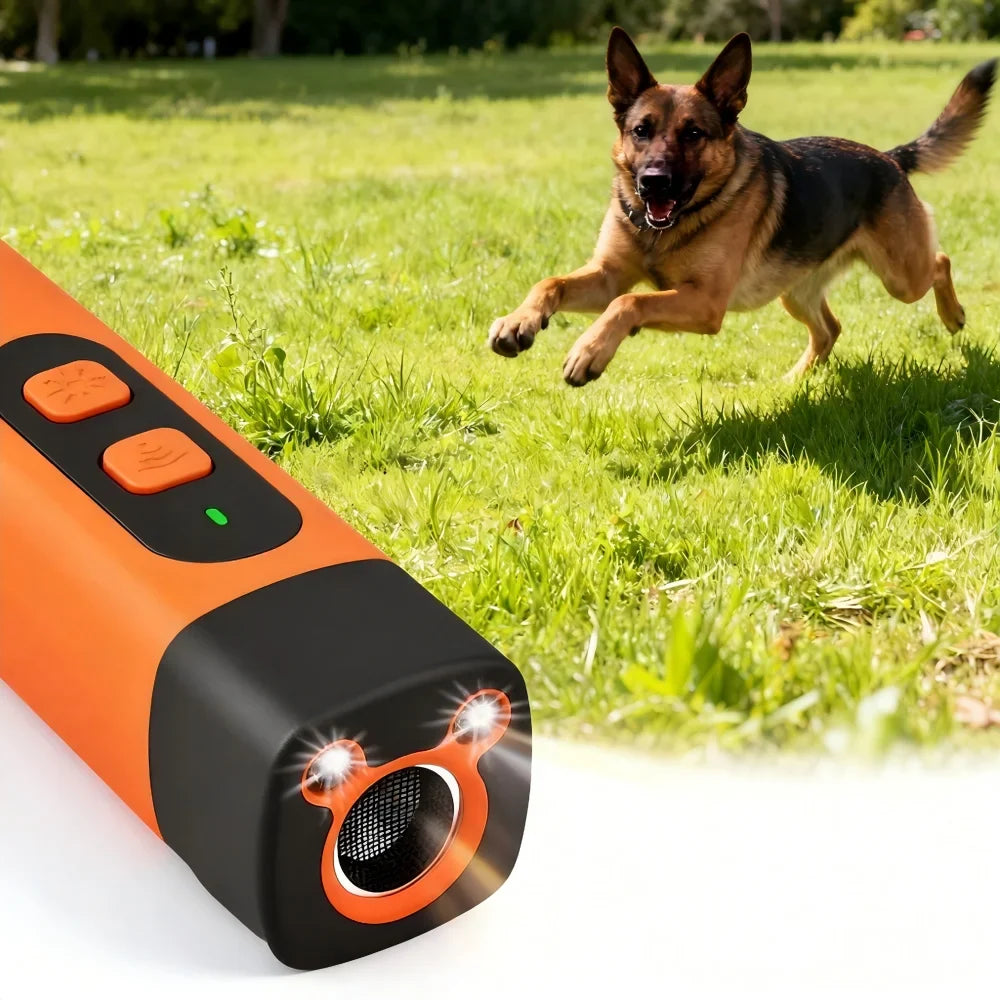Orange and black ultrasonic bark deterrent dog training device with speaker grille
