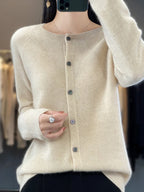 Women’s knit cardigan, button-front placket, long sleeves, light cream