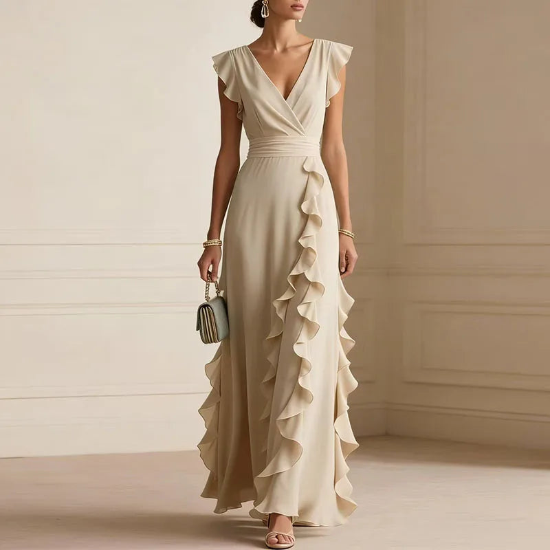 Ruffle-trim maxi dress, apricot V-neck wrap bodice, flutter cap sleeves, layered ruffles