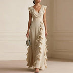 Ruffle-trim maxi dress, apricot V-neck wrap bodice, flutter cap sleeves, layered ruffles
