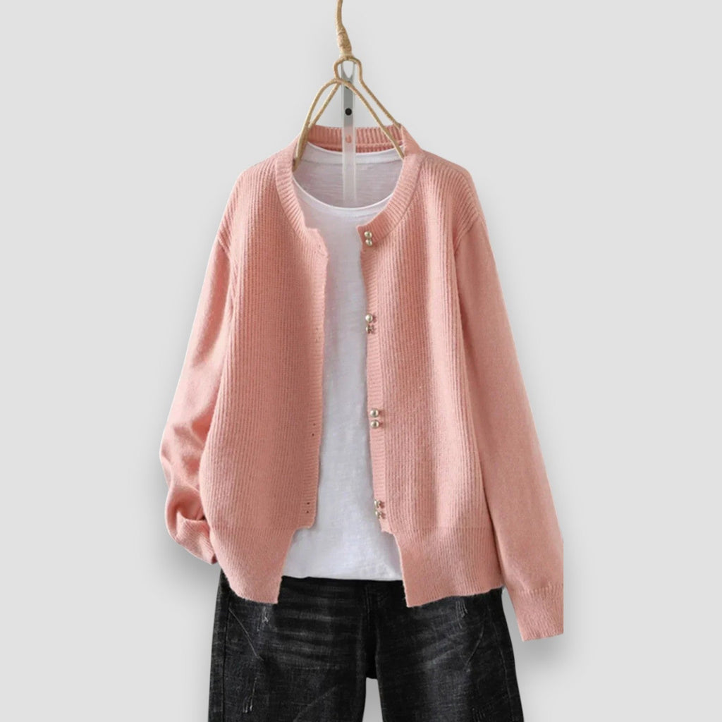 Women's button-front ribbed-cuff sweater, pink