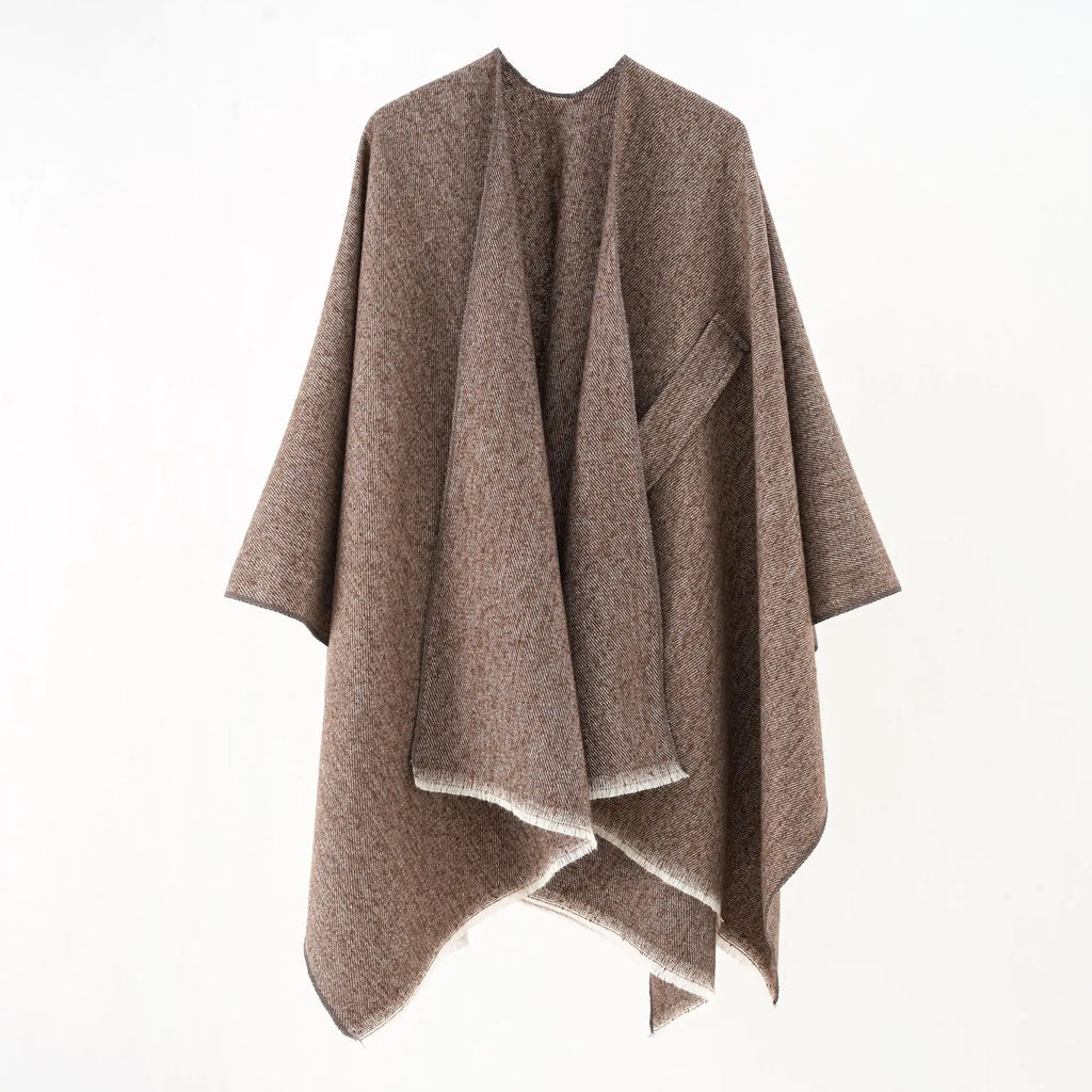 Brown cashmere poncho with V-neck, draped sleeves, fringe hem