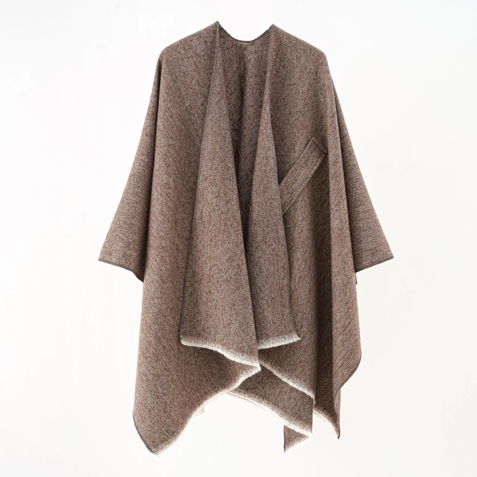 Brown cashmere poncho with V-neck, draped sleeves, fringe hem