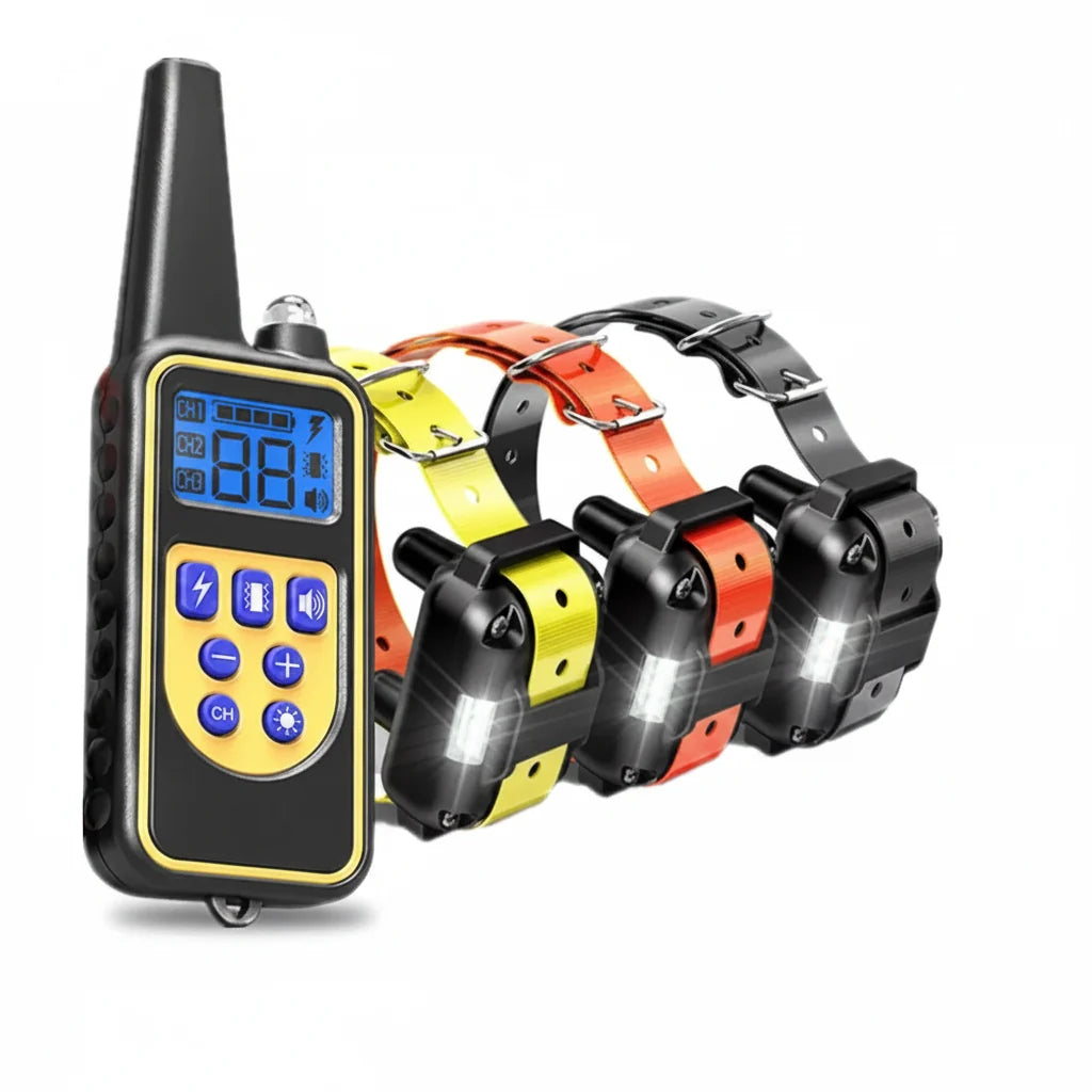 Electric dog training collar set with black remote and yellow, orange, and black receiver collars