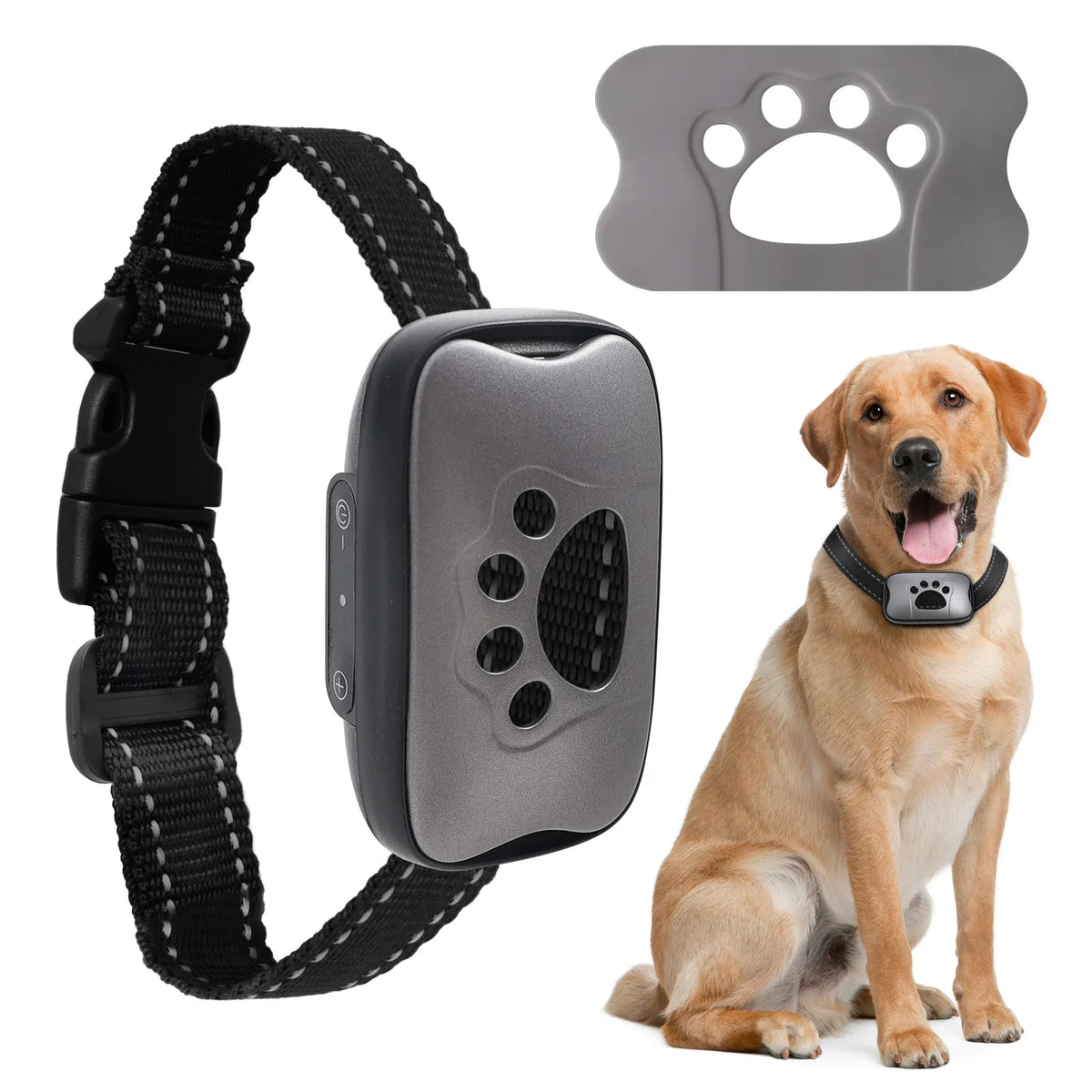 Ultrasonic anti-barking training collar with black adjustable strap and gray control unit