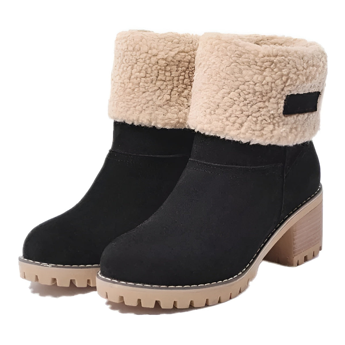 Women’s winter mid-calf boots, black with beige sherpa cuff and tan lug sole