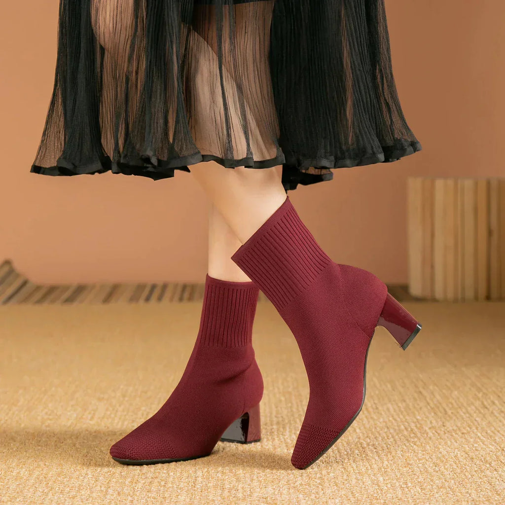 Burgundy knit ankle boots with stretch sock fit and block heel, pointed toe