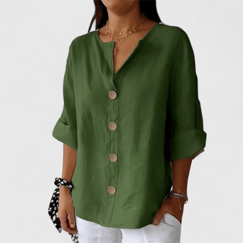 Army green V-neck button-front blouse with cuffed short sleeves and wooden button trim