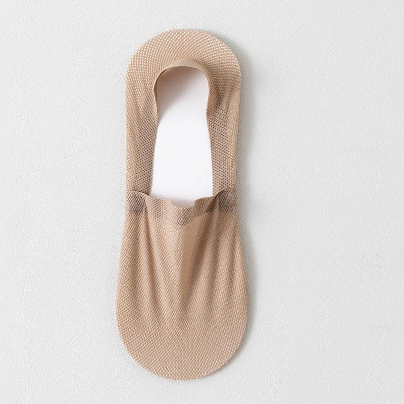 Beige no-show sock, single pair view with open cuff