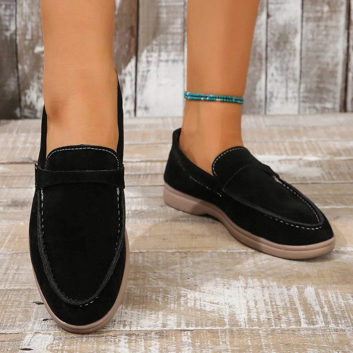 Women's suede loafers, black slip-on shoes with cushioned insole