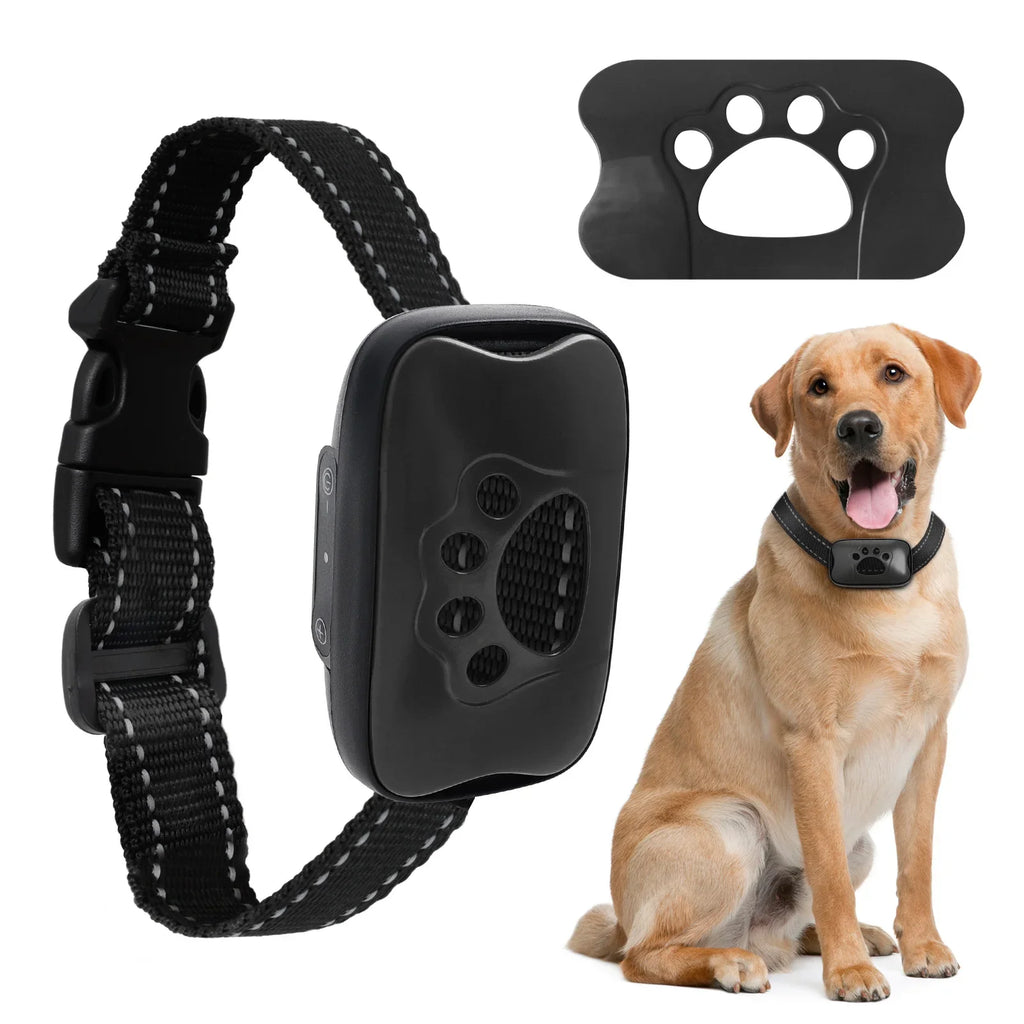 USB rechargeable anti-barking training collar with black ultrasonic/vibration device and paw icons