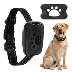 USB rechargeable anti-barking training collar with black ultrasonic/vibration device and paw icons