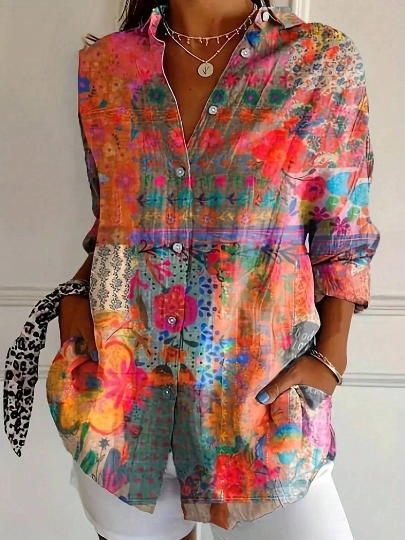 Women’s floral button-up shirt, loose fit, long sleeves, orange-pink multicolor