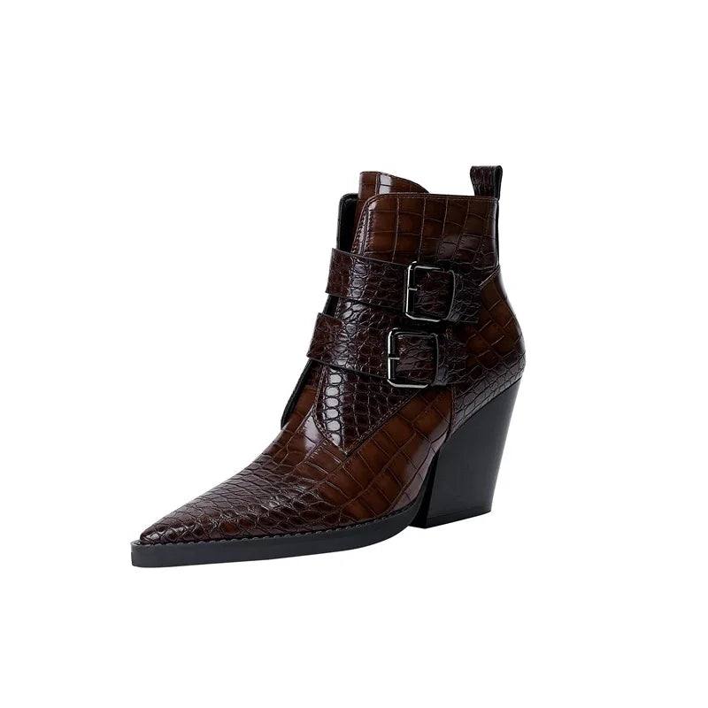 Women’s pointed-toe ankle boots in brown with double buckle straps and block heel