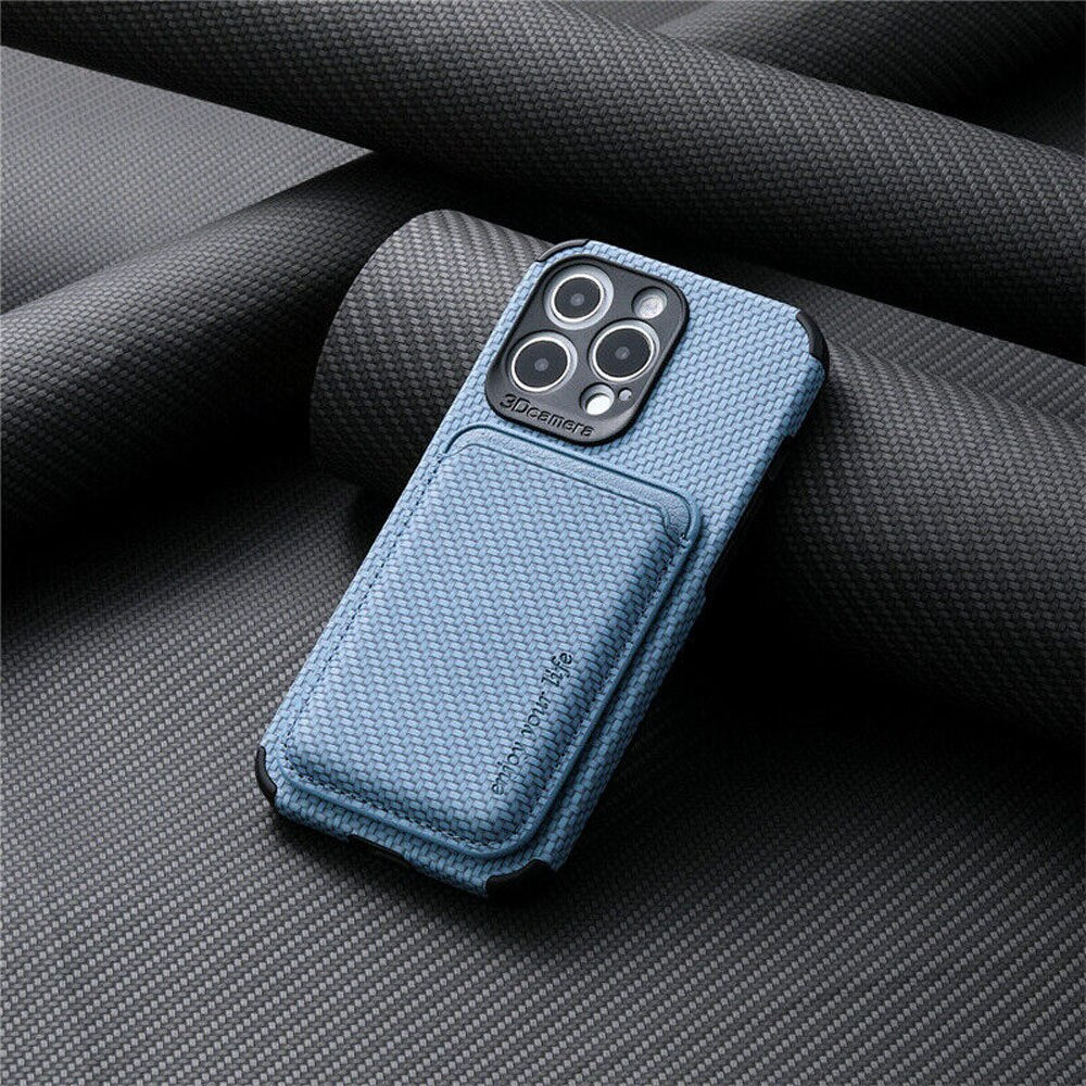 TitanWallet MagSafe phone wallet case, blue textured fabric with front card pocket