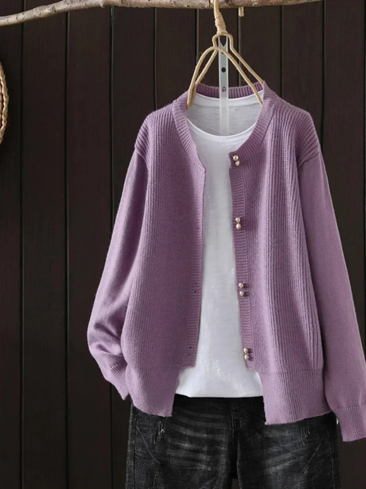Women's button-front ribbed-cuff sweater, purple