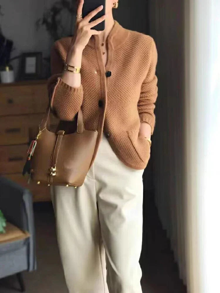 Brown textured knit jacket with stand collar and button front