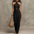 Black halter linen maxi dress, sleeveless fitted bodice and draped long skirt