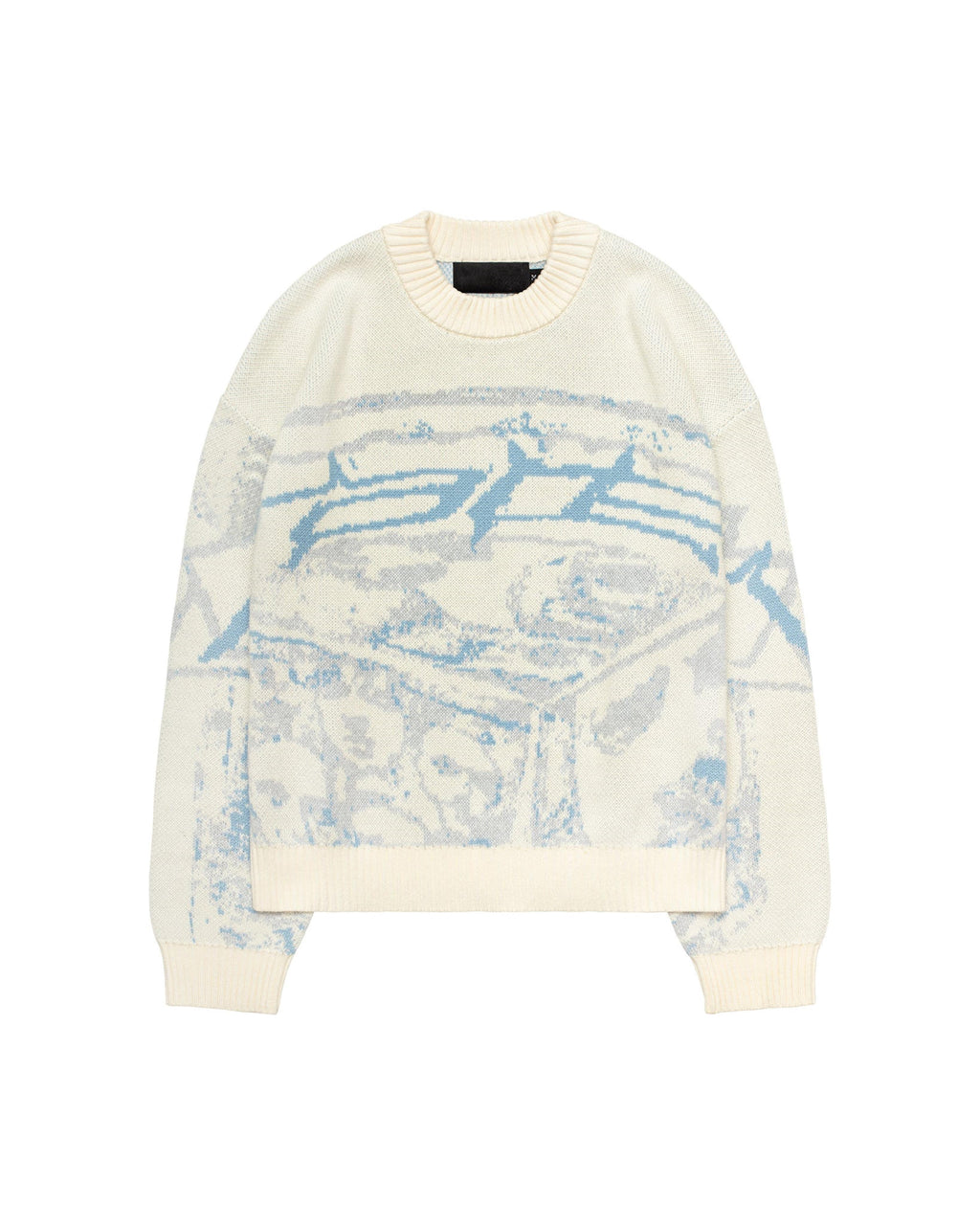 Cream crewneck knit sweater with blue abstract graphic, ribbed cuffs and hem