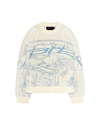 Cream crewneck knit sweater with blue abstract graphic, ribbed cuffs and hem