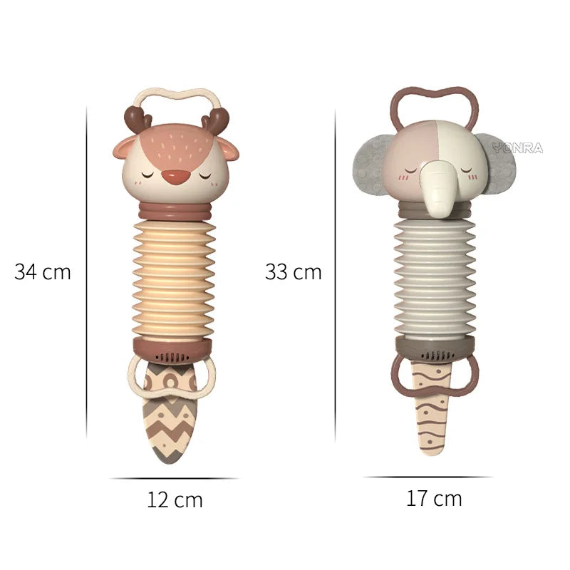 Animal accordion and rattle toy with size scale; plush ears and handle