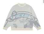 Light gray knit sweater with blue front graphic and ribbed crew neckline