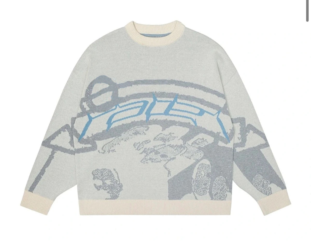 Light gray knit sweater with blue front graphic and ribbed crew neckline