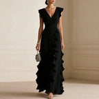 Ruffle-trim maxi dress, black V-neck wrap bodice, flutter cap sleeves, layered ruffles