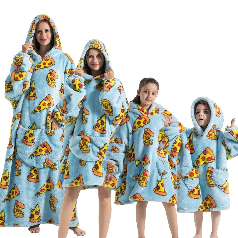Sky blue hoodie blanket with colorful pizza print and front pocket hood