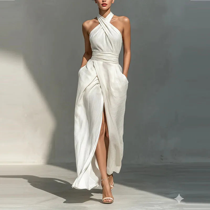 Asterin halter maxi dress, white halter neckline with cross strap and high slit maxi skirt