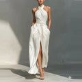 Asterin halter maxi dress, white halter neckline with cross strap and high slit maxi skirt