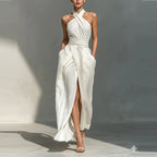 Asterin halter maxi dress, white halter neckline with cross strap and high slit maxi skirt