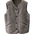 Dark gray sherpa wool gilet, sleeveless, front button placket, two flap pockets