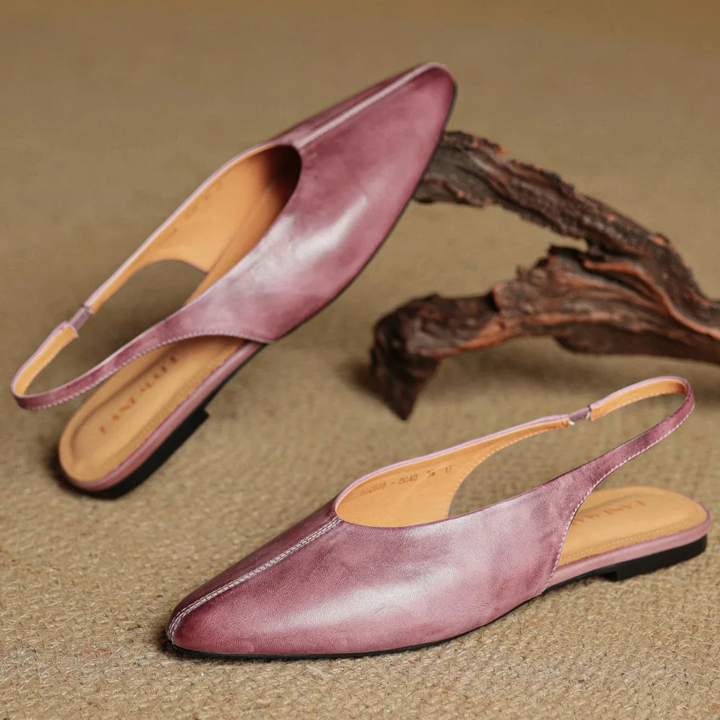 Mauve leather slingback flats with open topline and low-profile heel